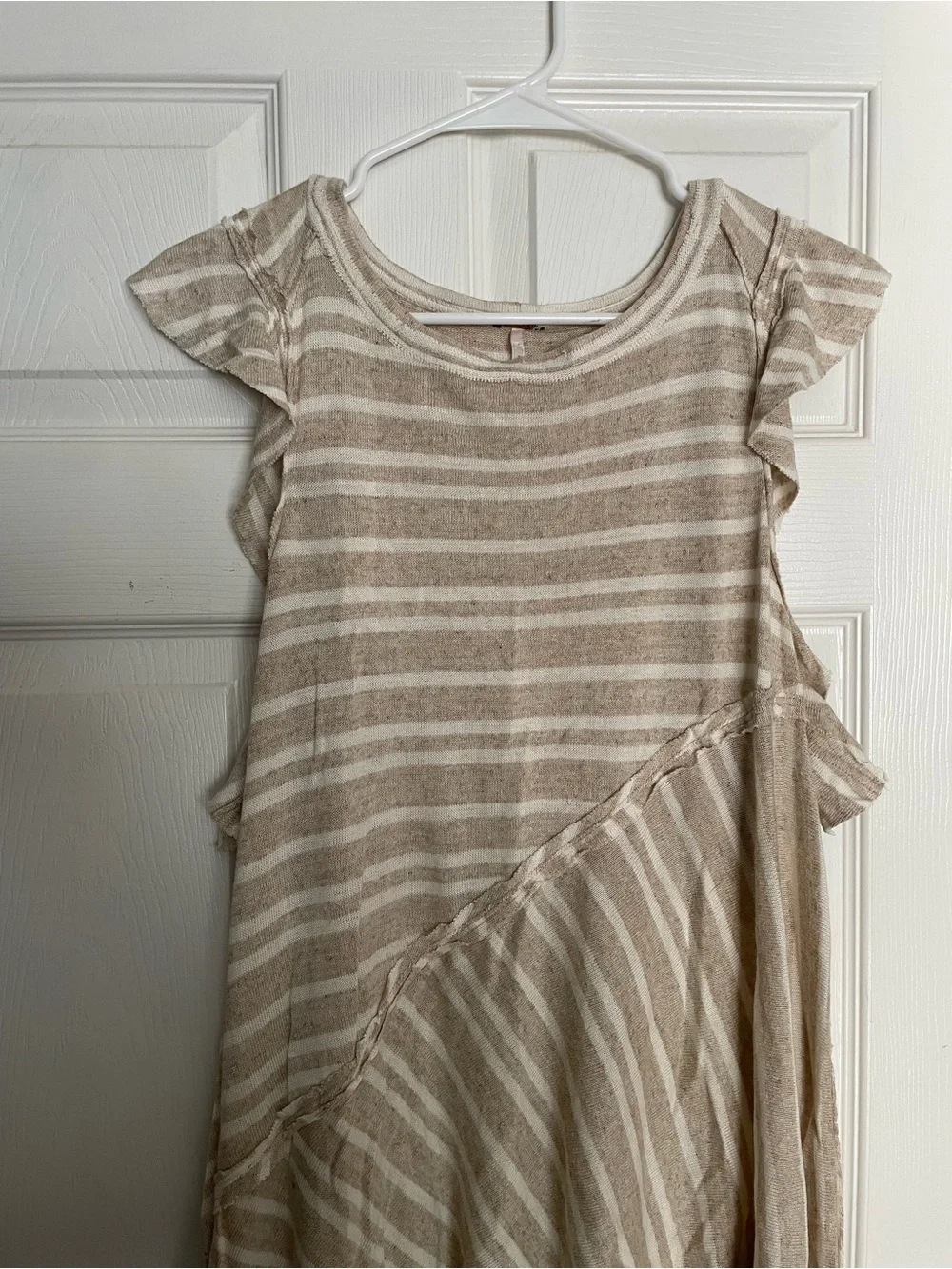 Free People size Small Linen Blend Striped Beige & White Ruffle Hem Mini Dress
